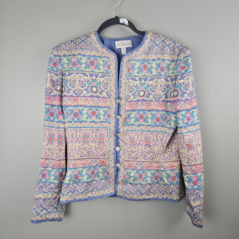 Adianna Papell Multicolor Blazer 100% Silk Asian Floral Design Size 8